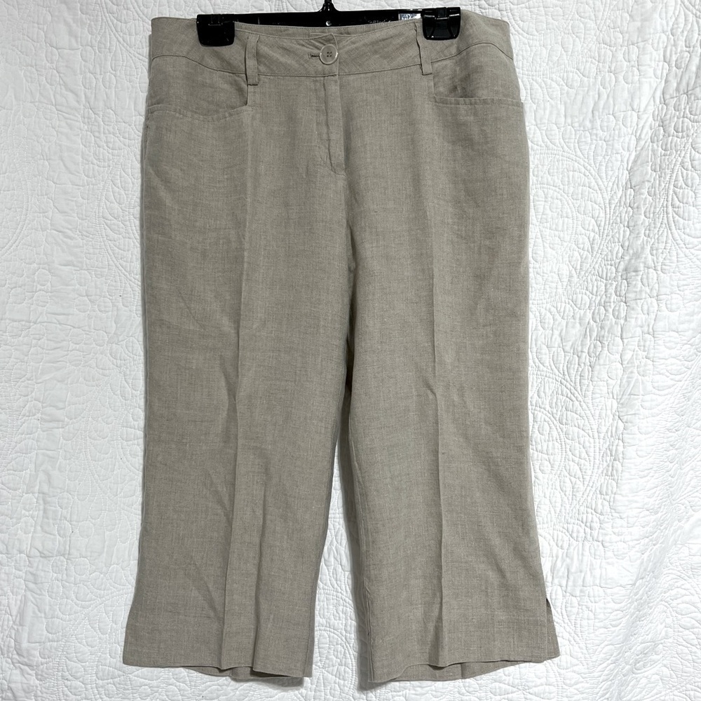 LILIBLEU Womens Linen Beige Wide Leg Cropped Pant, Size 10 -#303